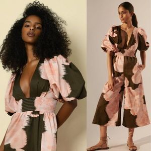 Anthropologie Hutch V-Neck Jumpsuit Green Motif Size Large